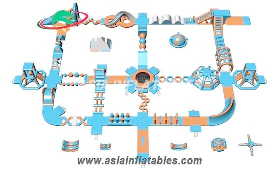 হালকা নীল এবং কমলা 50 x 40 এম ইনফ্ল্যাটেবল ভাসমান একোয়া পার্ক ওয়াটার পার্ক কেবল পার্কের জন্য